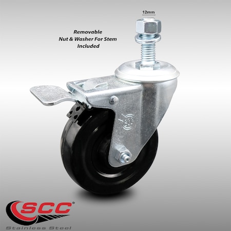 Service Caster 4 Inch SS Hard Rubber Swivel 12mm Threaded Stem Caster with Total Lock Brake SCC-SSTSTTL20S414-HRS-M1215
